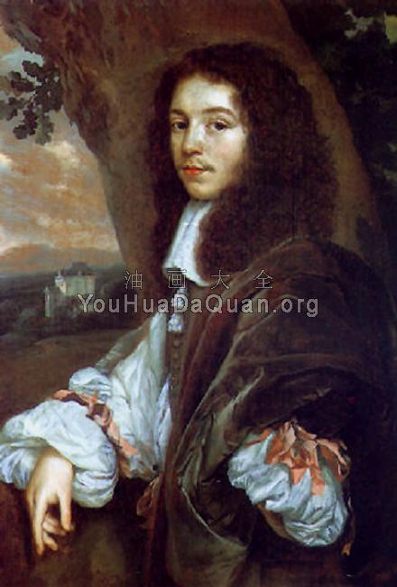 Portrait of Christaen Huygens in a landscape a country house beyond - 约翰内斯·梅滕斯